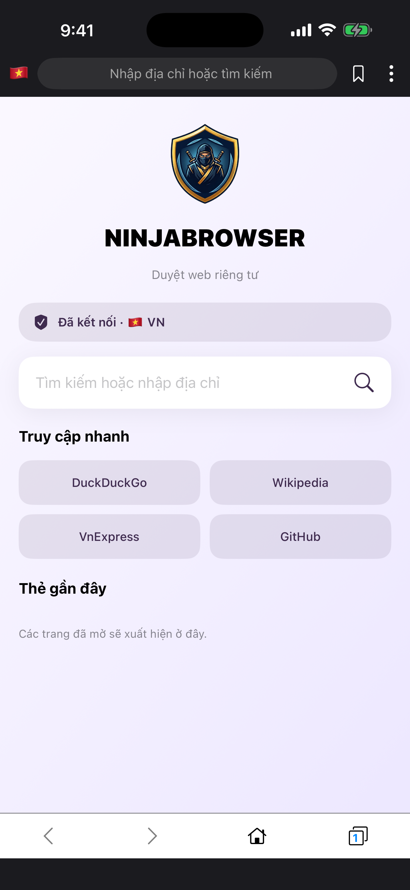 Màn hình chính Ninja Browser